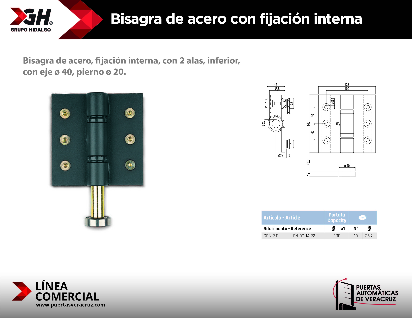 Bisagra de acero con fijación interna