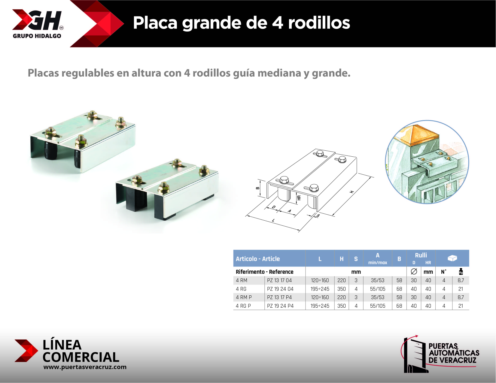 Placa grande de 4 rodillos